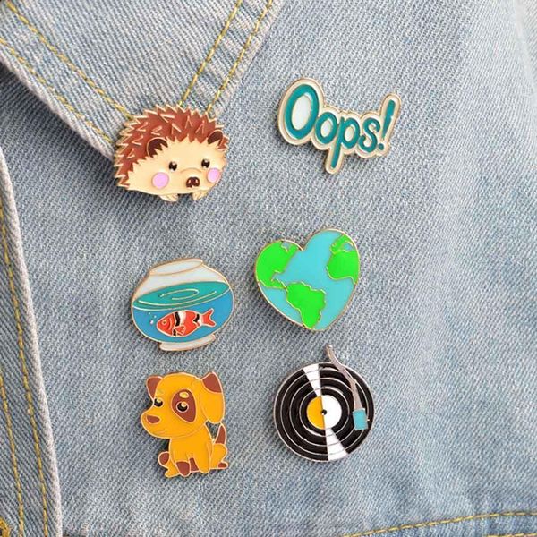 

1pc cute hedgehog dog record goldfish oops design metal brooches pins enamel diy lovely cartoon hats clips gift, Gray