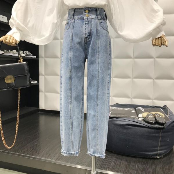 

large size 5xl women high-waisted blue light denim boyfriend jeans female ankle length q641 straight pants ij1c, Black;white