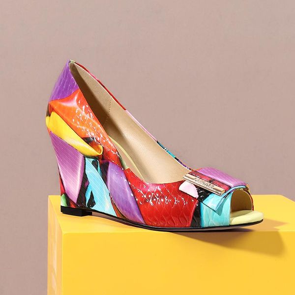 

womens peep toe patent leather mixed colors wedge high heel sandals summer buckle decor shoes fashion new arrival 2020, Black