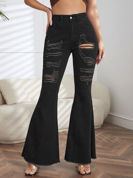 

ripped flare leg raw hem jeans 054x#, Blue