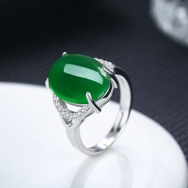 

green agate open ring simple retro diamond ladies chalcedony jewelry silver factory wholesale, Golden;silver