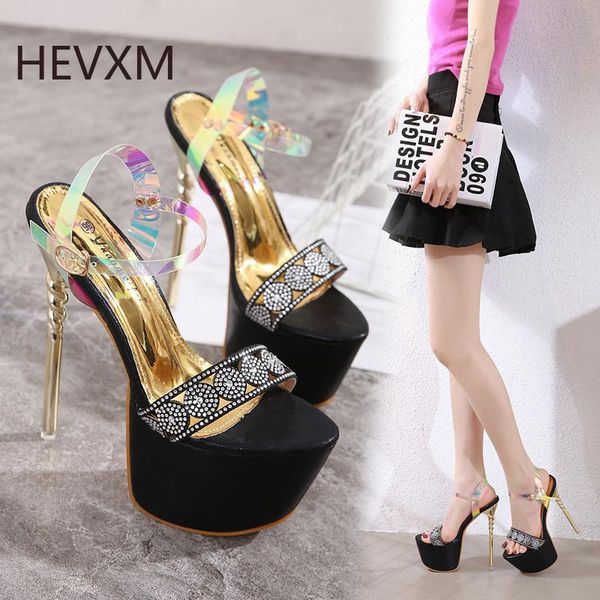 

hevxm 2021 dropship large size 43 women sandals thin heels peep toe flatform crystal pumps summer party women shoes, Black