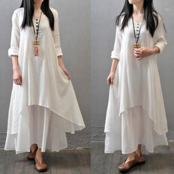 

dress 2018 women peasant ethnic boho cotton linen long sleeve loose solid casual dresses maxi dress1, Black;gray