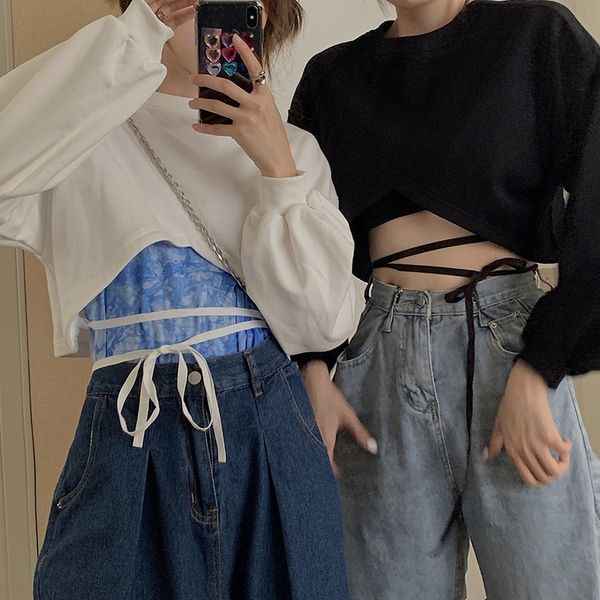 

7kjuy дизайн верхних передний верхний свитер и обратно нерегулярная повязка короткого свитера женской универсальной чувственного рукава длин, Black