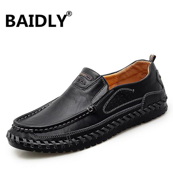 

men genuine leather shoes fashion men's loafers slip on male leather shoes mens casual big size 39-48, Black