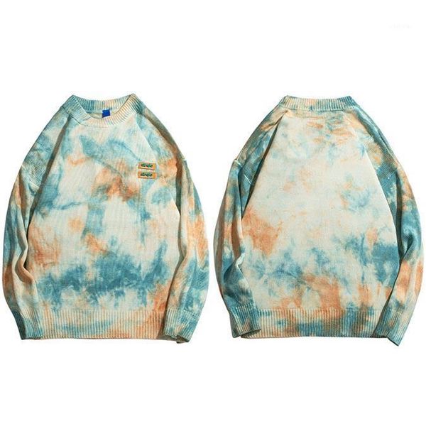 

2021 hip hop mens streetwear knitted pullover tie dye vintage retro sweater cotton casual harajuku fashion blue hipster1, White;black