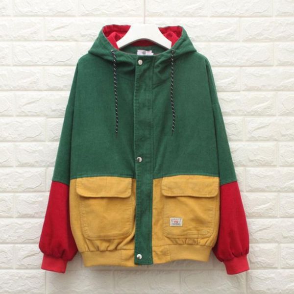 

women color block patchwork corduroy hooded jacket hip hop coat oversized1, Black;brown