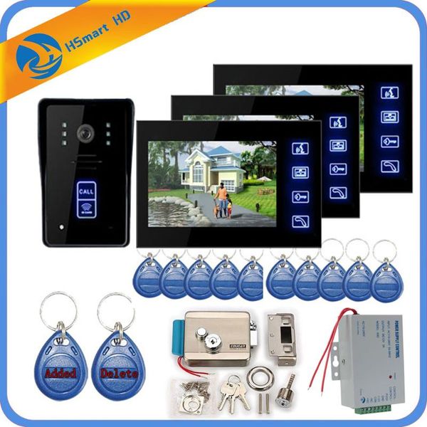 

7inch 3 monitor video door phone intercom system + id keyfobs + electric lock+inductive card camera power supply+ door exit