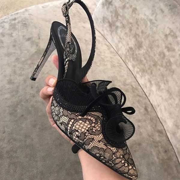

dress shoes pumps women wedding crystal 8cm high heels mesh stiletto slingbacks pump fashion ruffles ladies footwear, Black