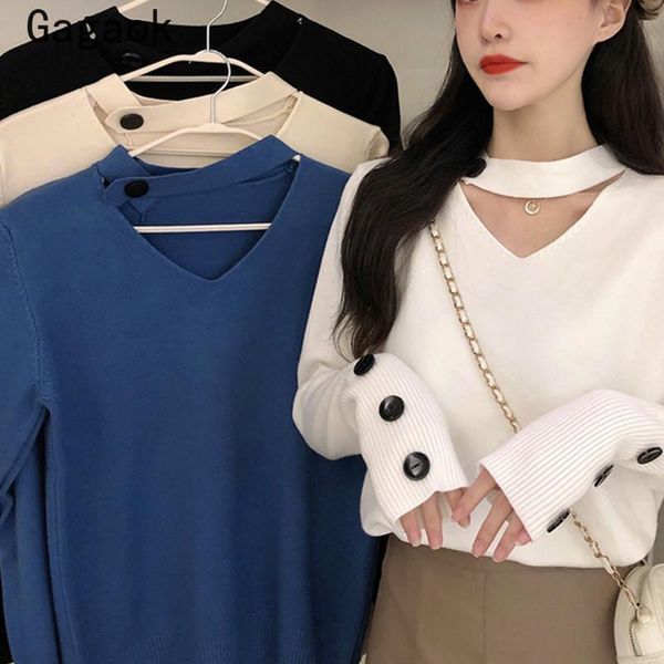 

gagaok women basic sweater 2021 spring autumn new v-neck button solid office lady knitted sweaters slim korean fashion pullovers, White;black