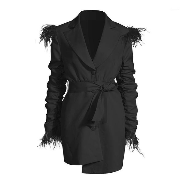 

ewq] woman autumn jacket 2020 new simple feather belt notched collar pleated long sleeve irregular loose blazer, White;black