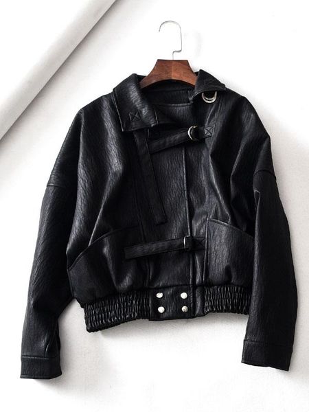 

spring dress2020new black loose locomotive pu leather jacket women's short long sleeved casual jacket leather