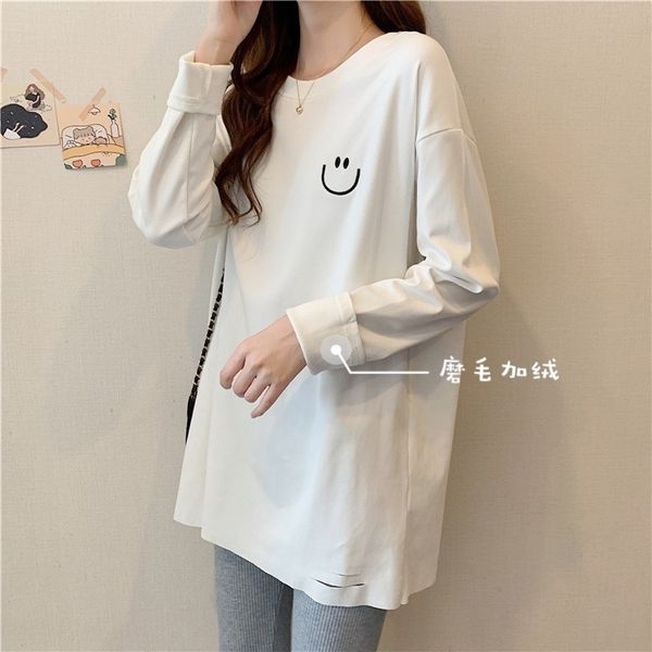 

winter white fleece plush medium length long sleeve t-shirt women's loose with base coat 32675, Black;brown