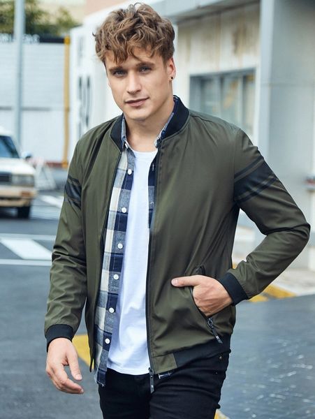 

men contrast panel zip pocket bomber jacket l5tb#, Black;brown