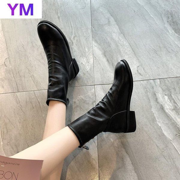

2020 new fashion ankle boots for women genuine leather boots for women round toe zipper winter square heel 35-391, Black