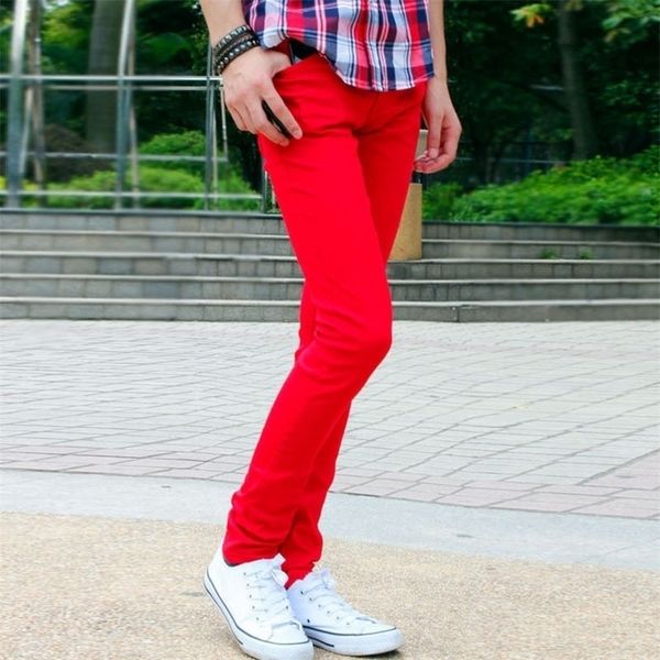 

wholesale fashion spring autumn casual men's show thin skinny jeans men hip hop red pencil pants elastic foot trousers 201111, Blue