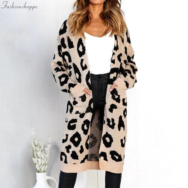 

women's knits & tees women long knitted leopard print cardigans sleeve loose button sweater plus size v neck jumper sweaters mujer, White