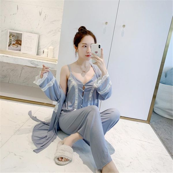 

women's sleepwear ladies comfortable modal cotton pajama sling three-piece set breathable stretch casual homewear sp0015, Black;red