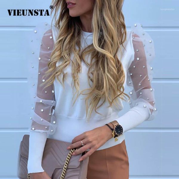 

new women mesh sheer blouse see-through puff long sleeve blouse fashion pearl transparent white shirt female blusas autumn 1