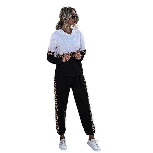 

2020 autumn new leopard print casual sports suit women fashion long sleeve two-piece suit, White