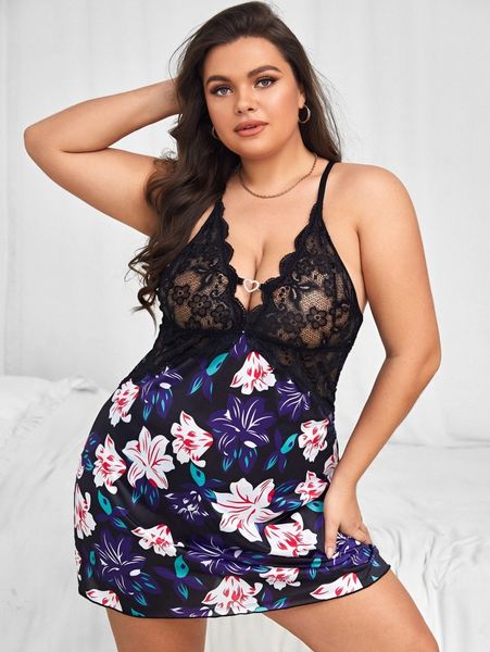 

plus floral print contrast lace slips f3az#, Black;white