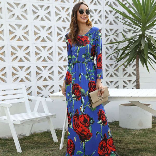 

ethnic round spring pattern 2020 bohemian neck loose sleeve dress, Black;gray