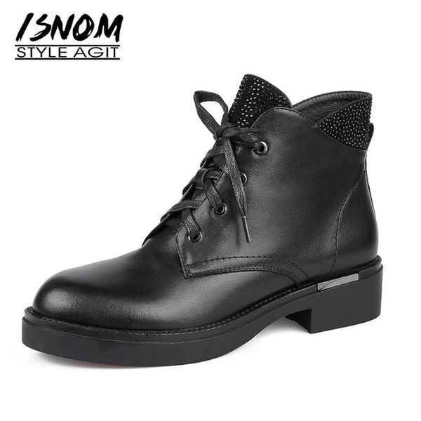 

isnom ankle boots woman crystal lace up chunky heel shoes women platform skid proof casual booties round toe autumn boot, Black