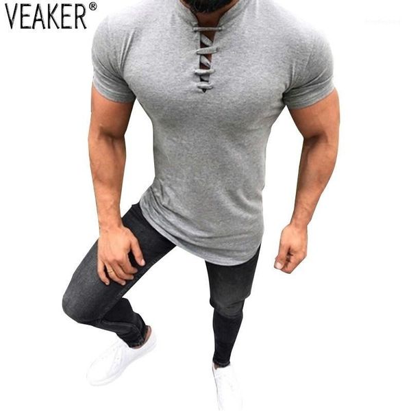 

2019 new men's bandage t shirt male black gray slim fit solid color mandarin collar short sleeve t shirt s-3xl1, White;black