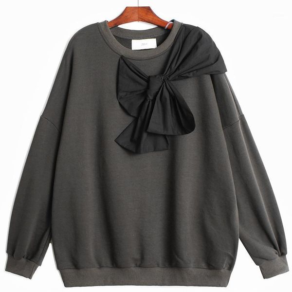 

bow patchwork o neck pullover solid loose casual sweatshirt women d0981, Black