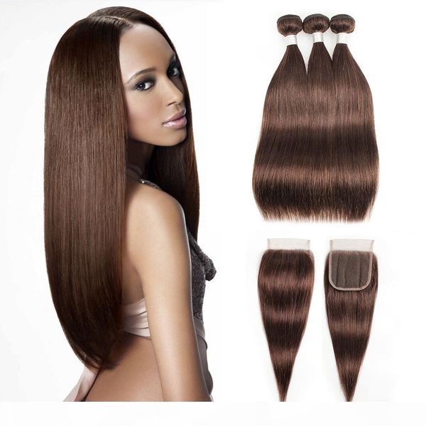 

#4 chocolate brown straight hair bundles with closure brazilian virgin human hair extensions 3 bundles with 4*4 lace closure, Black;brown