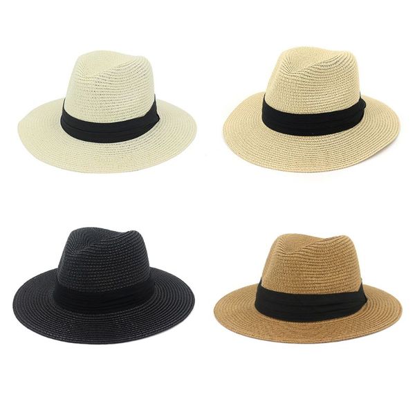 

womens summer large brim beach straw sun hat braided weave wide pleated bandage decor solid color party classic jazz cap, Blue;gray
