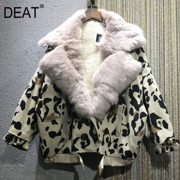 

[deat] 2020 new winter fashion women's patchwork fur coat leopard print casual thick warm full sleeve zipper jackets loose tx008, Black