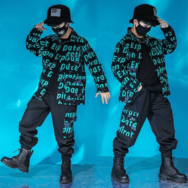 

kid cool hip hop clothing letters print jacket coat tactical cargo pants for girl boy jazz dance costume clothes street wear, Gray