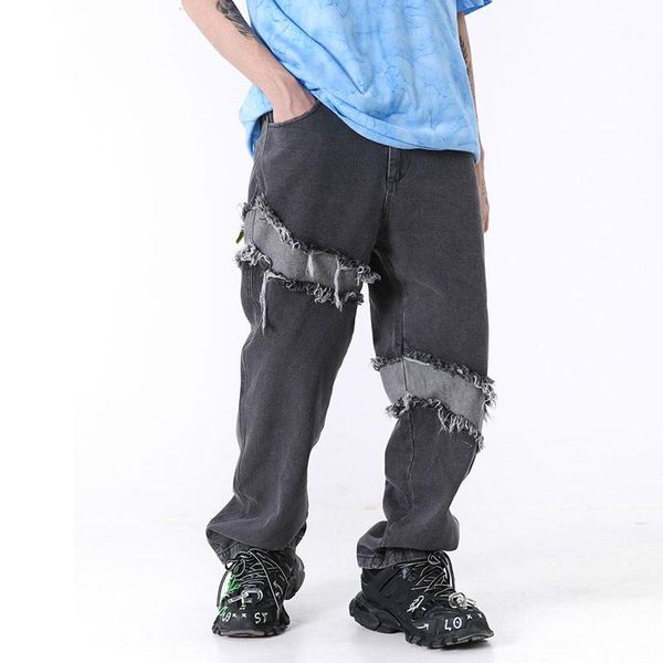 

men high street hip hop casual straight denim pant male vintage fashion splice cowboy long trousers jeans patchwork full length1, Blue