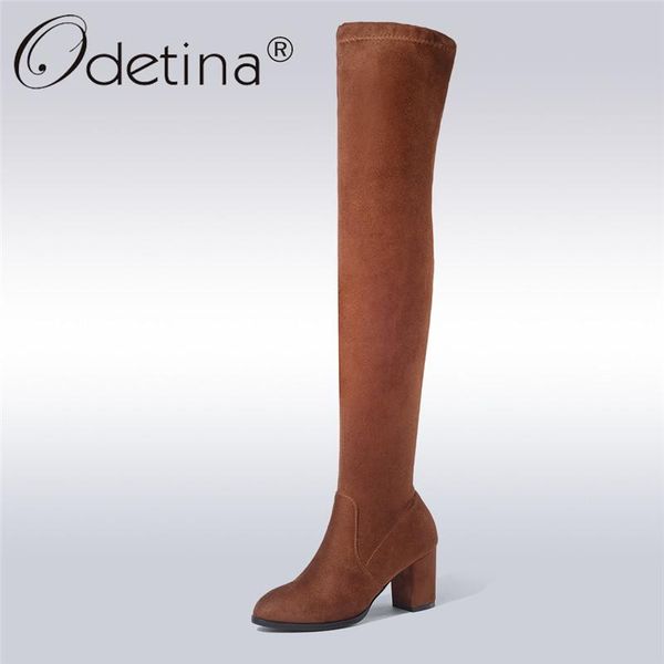 

odetina new fashion suede leather lady concise knee high boots women chunky heels slip on winter plush thigh boots big size 43, Black