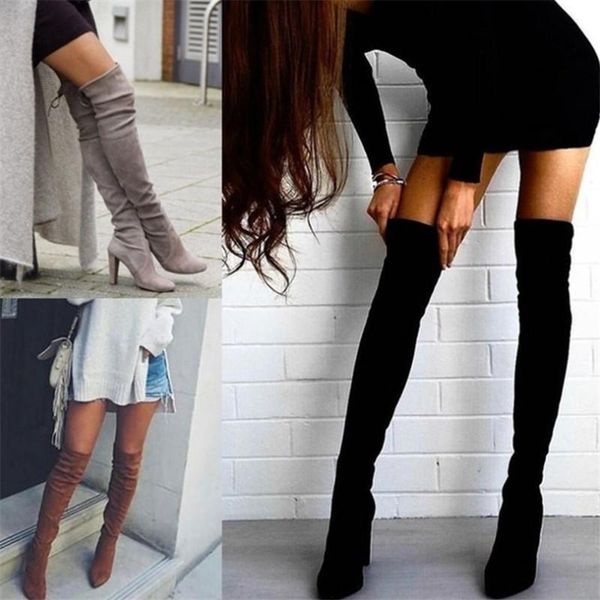 

designer women's warm boots 2020 autumn winter new pointed thick with side zipper over knee boots elastic women's shoes, Black