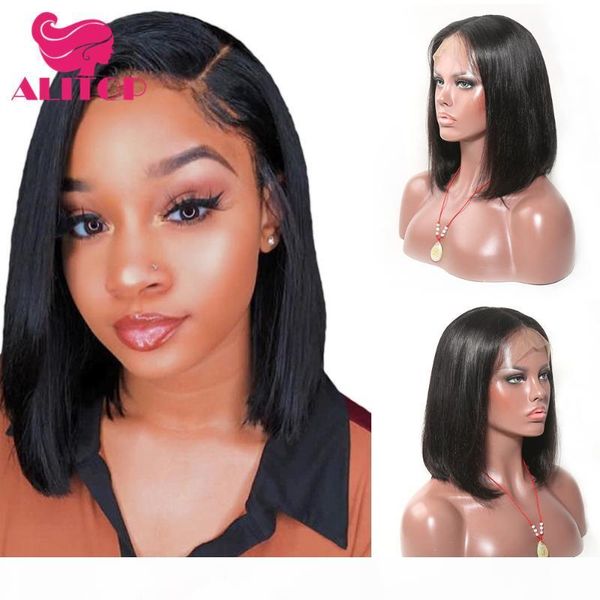 

aliruler 13x6 lace front human hair wigs short bob wig 150%density pre plucked with baby hair peruvian remy for black women, Black;brown