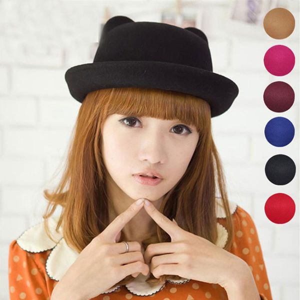 

ht1207 spring autumn winter wool felt hats women devil fedora hats cat ear bowler caps solid black red women, Blue;gray