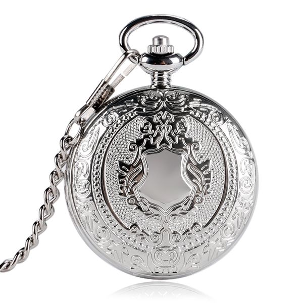 

luxury fashion silver shield design pocket watch men women fob clock mechanical hand-winding reloj bolsillo gift chain p2032c t200502, Slivery;golden