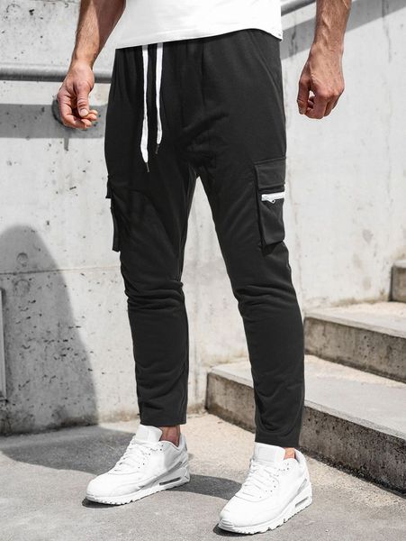 

men flap pocket side drawstring waist sweatpants i8ng#, Black