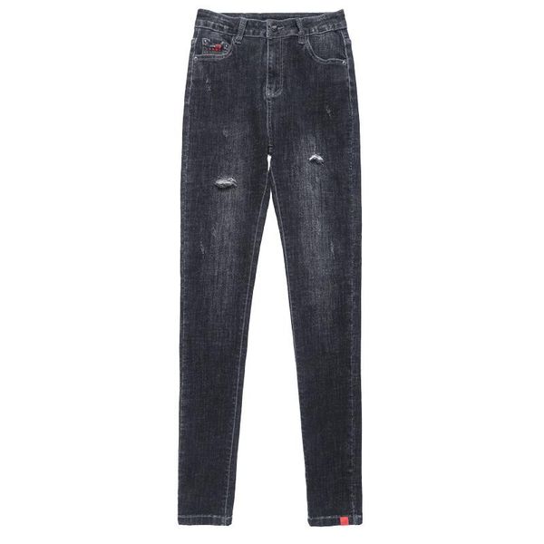 

women's 2020 high waist hole high jeans slimming long black feet pants 175cm, Blue