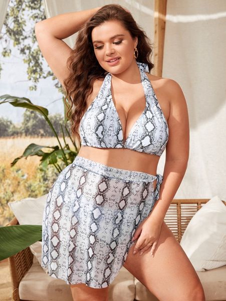 

3pack plus snakeskin print halter bikini swimsuit & beach skirt j9h1#, Black