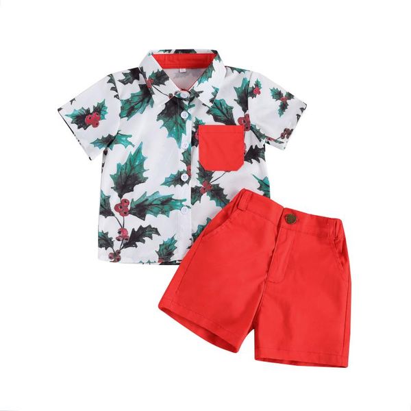 

christmas kids baby boys sets clothing print short sleeve shirts button red shorts xmas party children boy outfits 1-6years, White