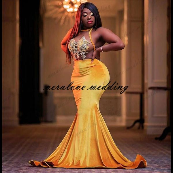 Vestidos De Novia Abiti da festa arabi africani Scoop Illusion Neck Abito da ballo in velluto giallo Maniche lunghe Abito da sera per ragazza nera