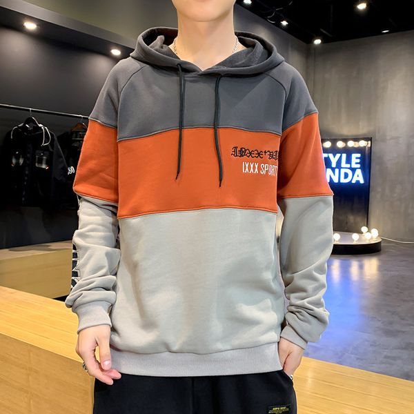 

2020 korean style new autumn spring men's hoodies hooded patckwork long sleeve fashion pullovers loose soft casual male, Black