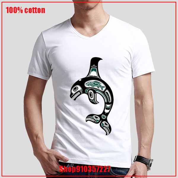 

teal blue and black haida spirit killer whale cartoon design men v tee shirt homme summer short sleeve sport hooded sweatshirt hoodie