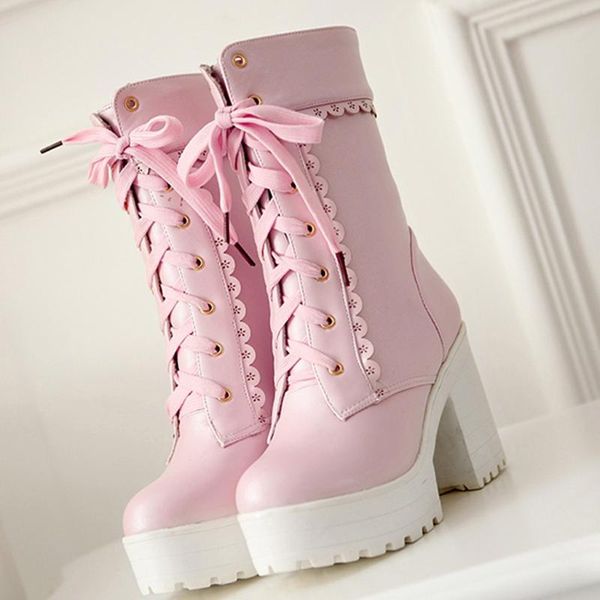 

women block heels boots lace up pu leather platform boots high heels shoes zapato de mujer booties white female party pink, Black