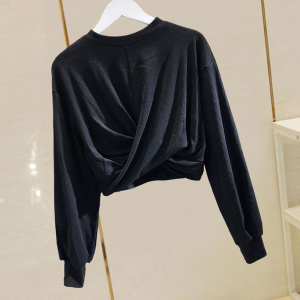 

2020 new hem cross round neck t-shirt women's long-sleeved slim slimming bottoming shirt 1015, White