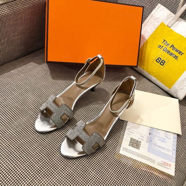 

h high heeled sandals 2020 new straight button open toe sandals water diamond slim heel versatile medium heel single shoes women leather, Black