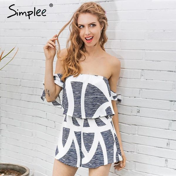 

simplee off shoulder geometric print jumpsuit romper women special bandage sleeve short overalls backless summer playsuit1, Black;white